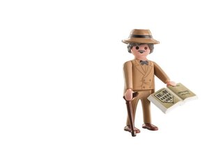 Playmobil-Männchen mit Hut, Stock und aufgeschlagenen "Buddenbrooks"